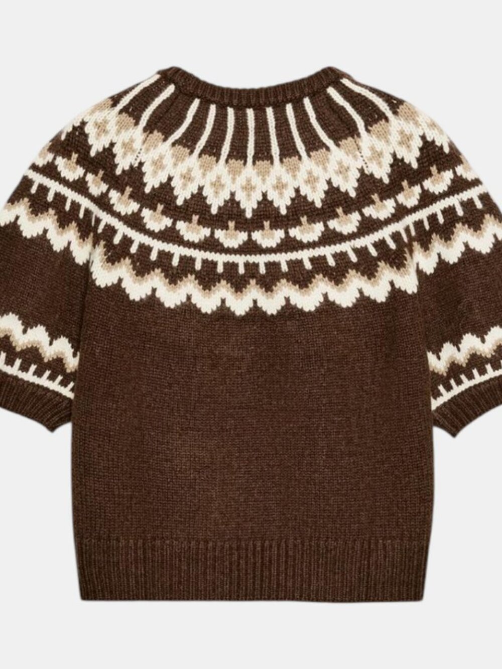 ZARA SHORT SLEEVE JACQUARD KNIT JUMPER BROWN ECRU FAIR ISLE SWEATER NWT SIZE M - Picture 4 of 6